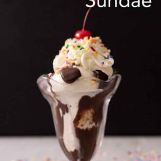 Pinterest graphic of a glass with hot fudge drizzled on the inside alongside vanilla ice cream, whipped cream, sprinkles, and a cherry.