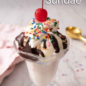 Pinterest graphic of a cherry being placed on top of a glass of hot fudge sundae.