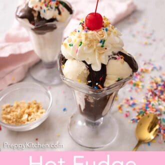 Pinterest graphic of two hot fudge sundaes beside a bowl of nuts and sprinkles on the table.