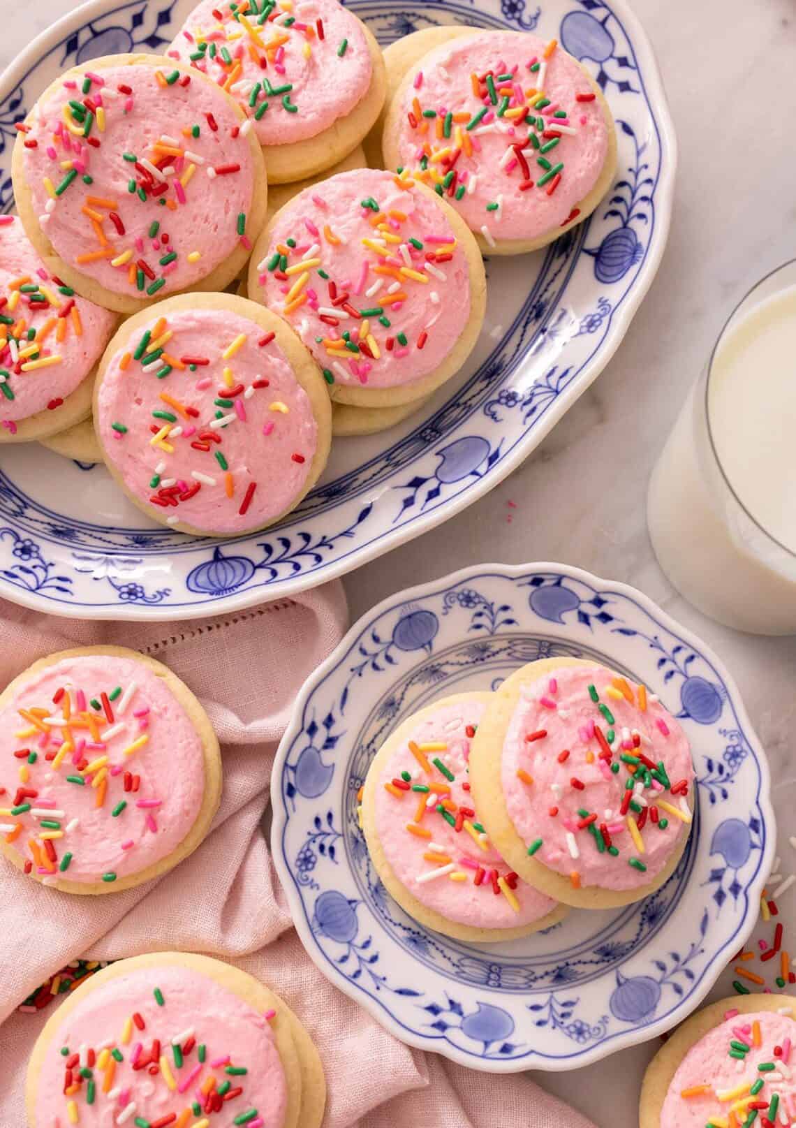 Lofthouse cookies on a small blue plate and a large serving plate