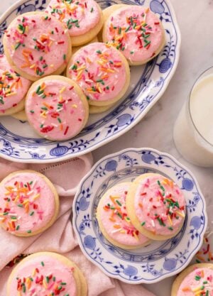 Lofthouse cookies on a small blue plate and a large serving plate