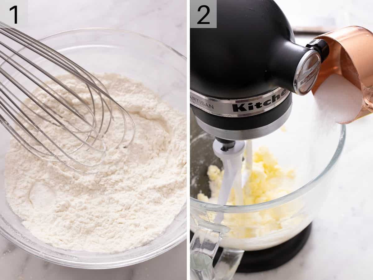 Two photos showing a flour mixture and sugar and butter getting mixed together