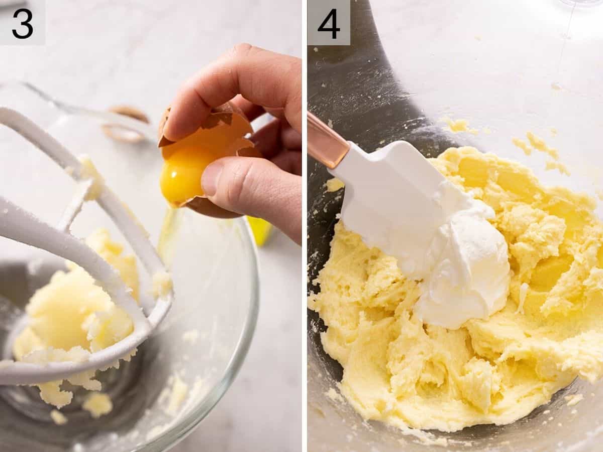 Egg and sour cream getting added to a butter mixture