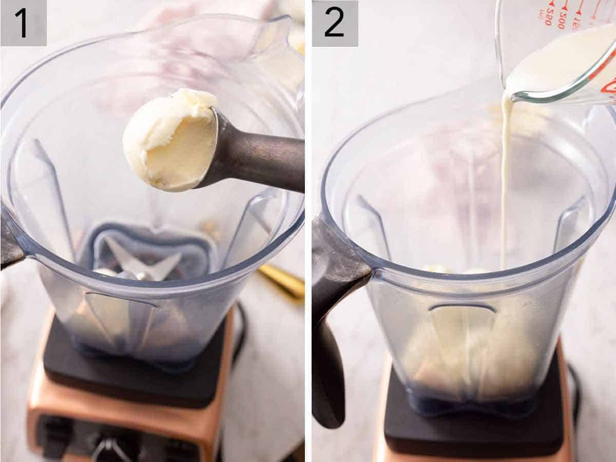 Set of two photos showing ice cream added to a blender and then milk.