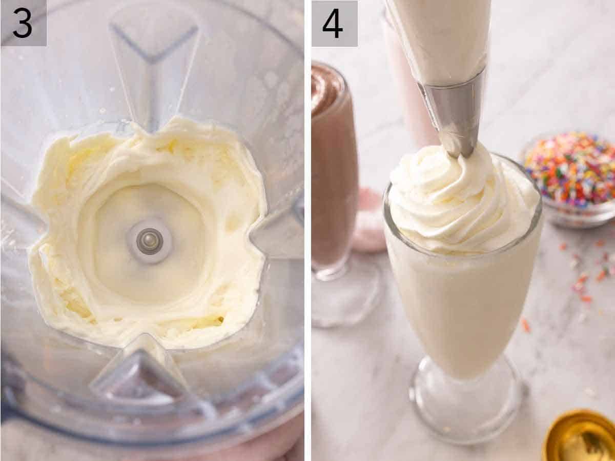 Set of two photos showing a milkshake blended up and then whipped cream adding to a glass of milkshake.