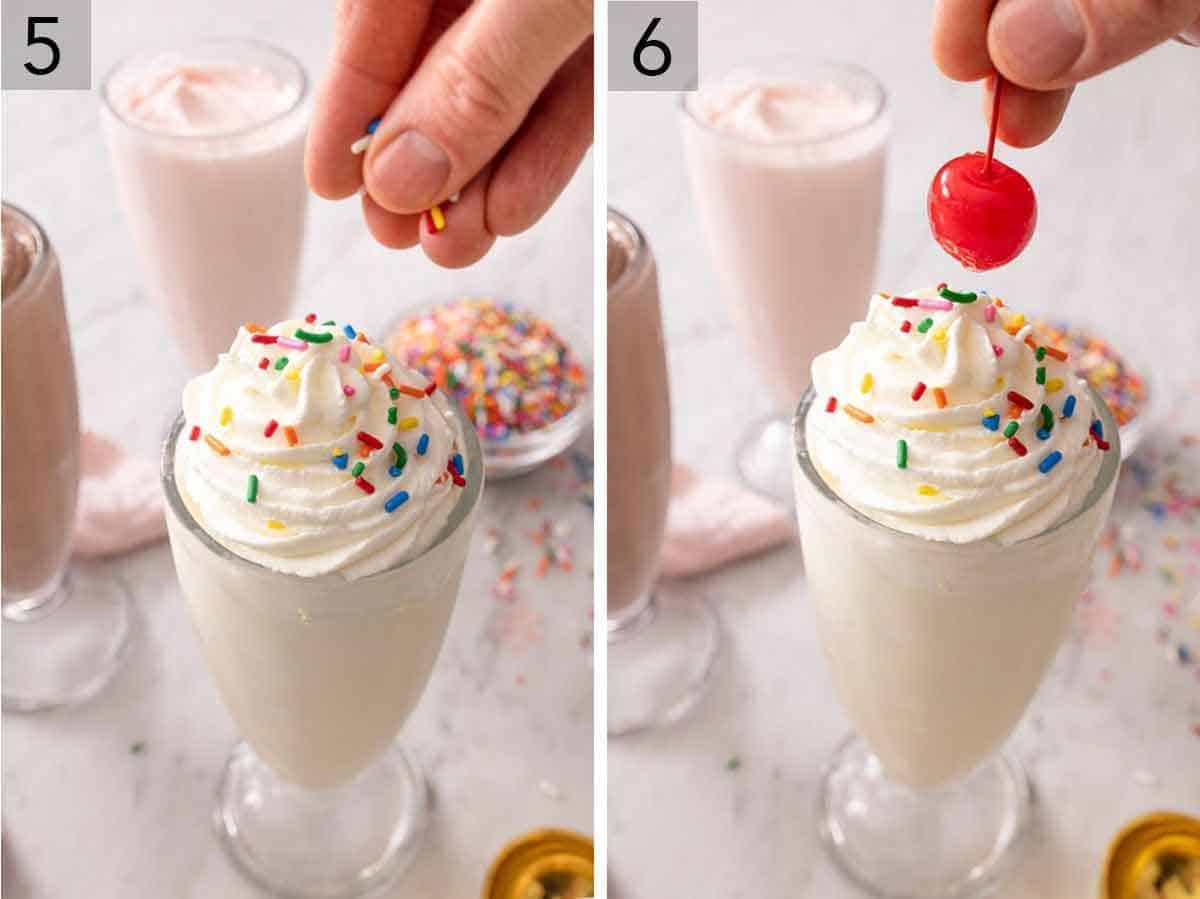 Set of two photos showing sprinkles added to whipped cream on top of a milkshake and then topped with a cherry.