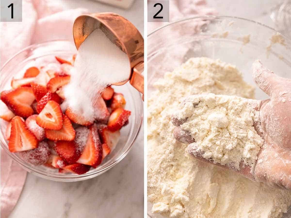 Set of two photos showing sugar added to strawberries and combining dry ingredients in a bowl with butter.