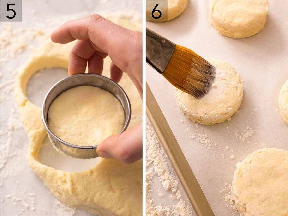 Set of two photos showing a biscuit cutter cutting out a piece of dough and then brushing the top with cream.
