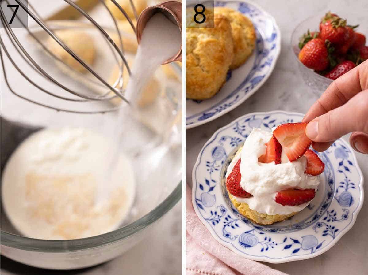 Set of two photos showing whipped cream being made and a strawberry shortcake being assembled.