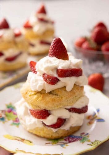 A plate and a long platter of strawberry shortcakes beside a bowl of strawberries with one plate in focus.