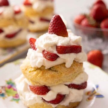 A close-up of an assembled strawberry shortcake with more out of focus in the background.