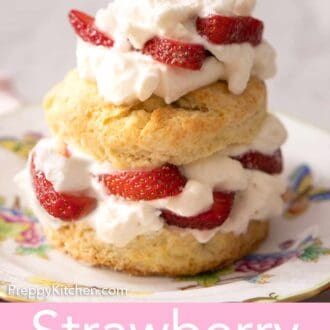 Pinterest graphic of a single serving of strawberry shortcake.