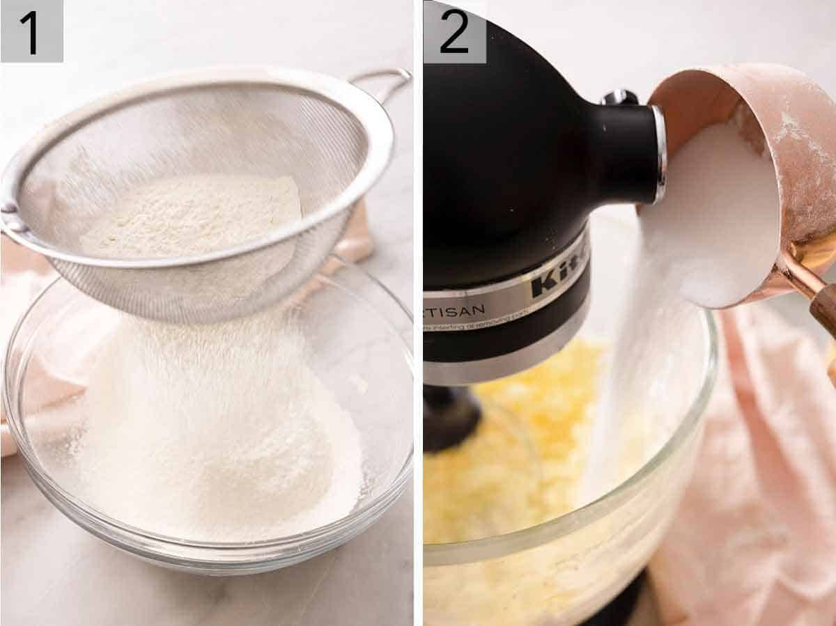 Set of two photos showing dry ingredients being sifted and butter being creamed with sugar.