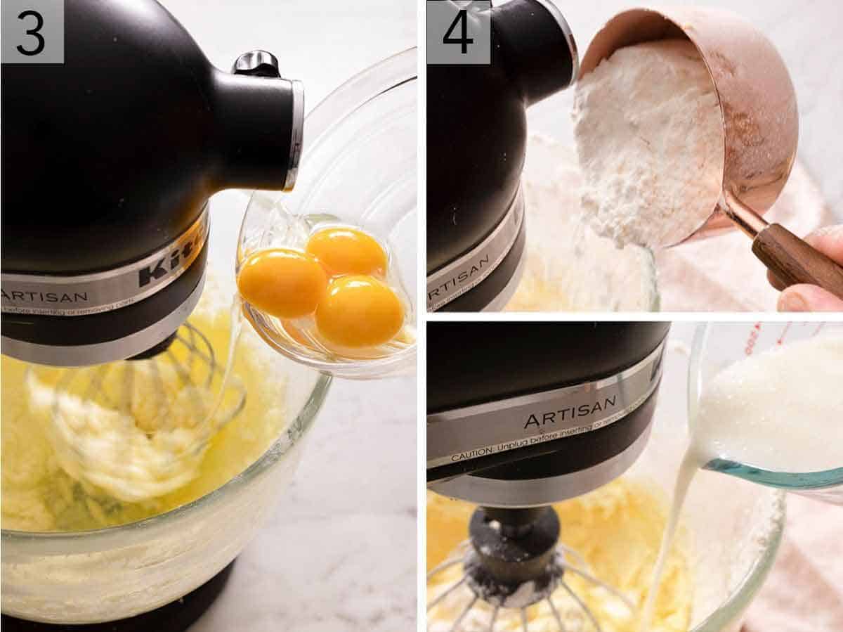 Set of three photos showing eggs being added to the mixing bowl, then dry ingredients added, and then buttermilk added.