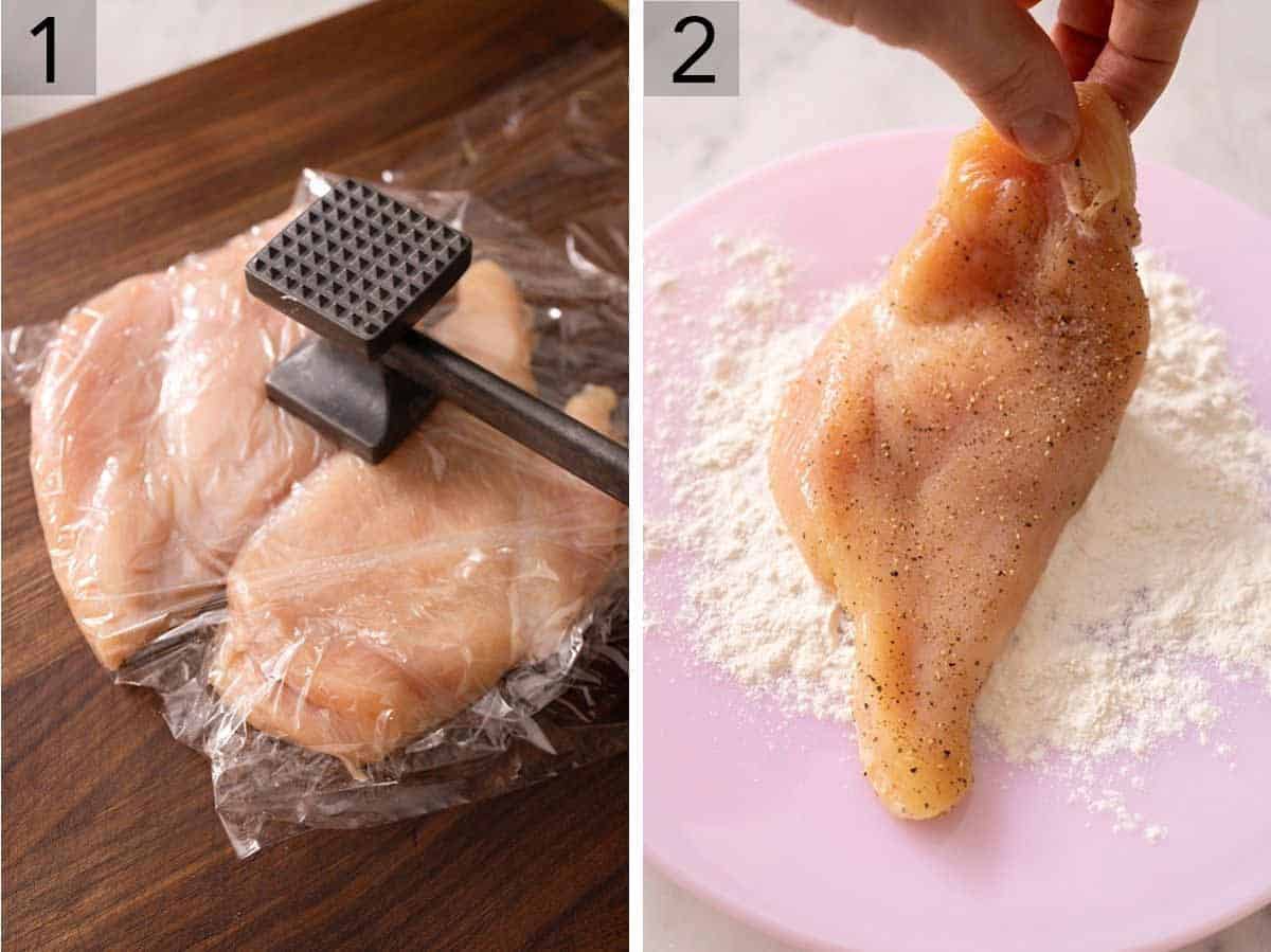 Set of two photos showing chicken breasts being pounded flat and then dredged with flour.