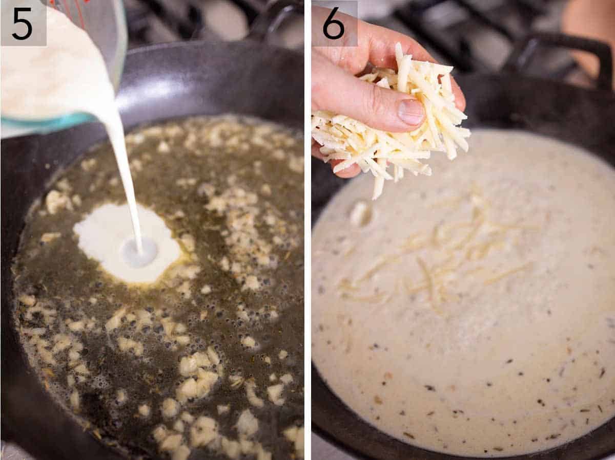 Set of two photos showing cream added to the pan and then shredded cheese sprinkled in.