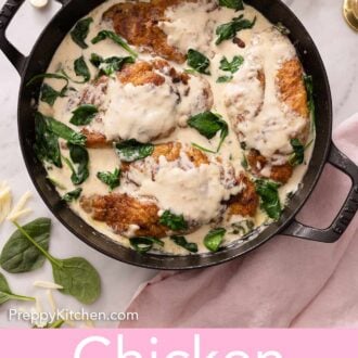 Pinterest graphic of an overhead view of a cast iron containing chicken florentine.