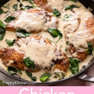 Pinterest graphic of a close up of chicken florentine with the sauce overtop the chicken breasts.