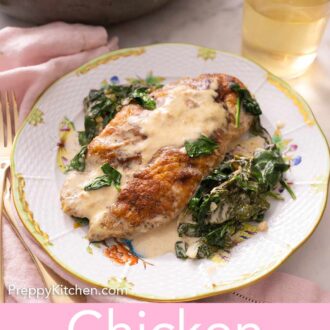 Pinterest graphic of a plate of chicken florentine beside a glass of white wine and a pink linen.