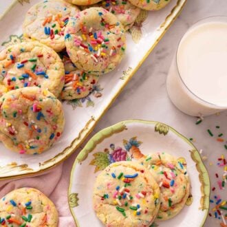 Pinterest graphic of a platter of multiple funfetti cookies and a small plate of just two cookies.
