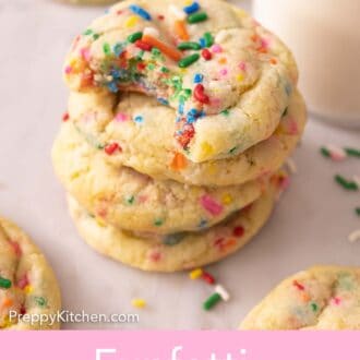 Pinterest graphic of a stack of four funfetti cookies with one with a bite taken out of it.