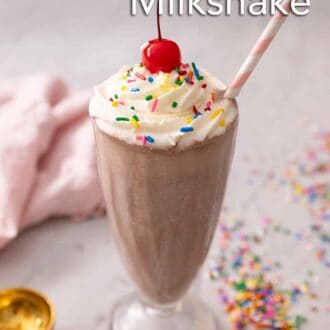Pinterest graphic of a chocolate milkshake with whipped cream, sprinkles, and a cherry.