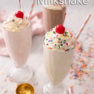 Pinterest graphic of three milkshakes: chocolate, strawberry, and vanilla.
