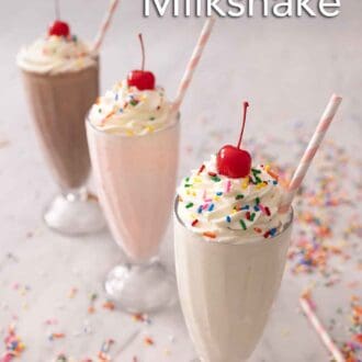 Pinterest graphic of three milkshakes with whipped cream, sprinkles, and cherries.