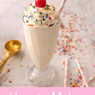 Pinterest graphic of a vanilla milkshake with whipped cream, rainbow sprinkles, and a cherry.