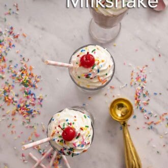Pinterest graphic of an overhead view of three milkshakes topped with sprinkles and whipped cream.