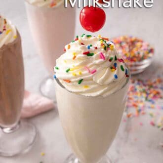 Pinterest graphic of a cherry being placed on top of a garnished milkshake.