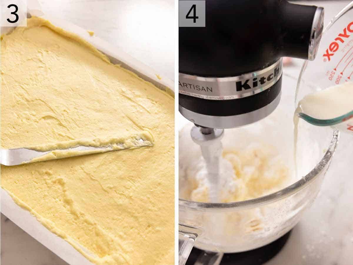 Set of two photos showing cake batter being spread into a baking pan and making buttercream in the mixer.