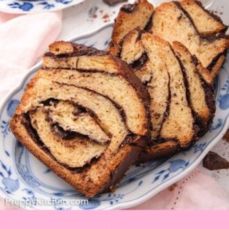 Pinterest graphic of of three slices of babka on a blue and white plate.
