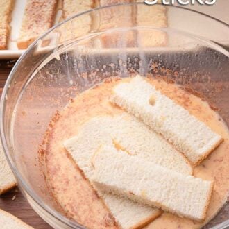Pinterest graphic of bread sticks being soaked in a bowl of custard.