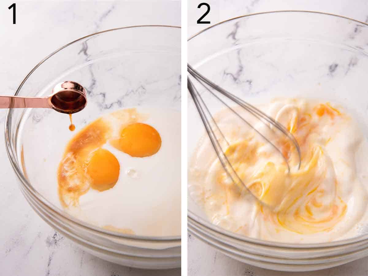 Set of two photos showing wet ingredients added into a bowl then whisked together.