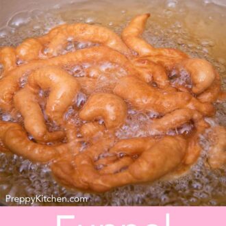 Pinterest graphic of funnel cake frying in a pot of oil.