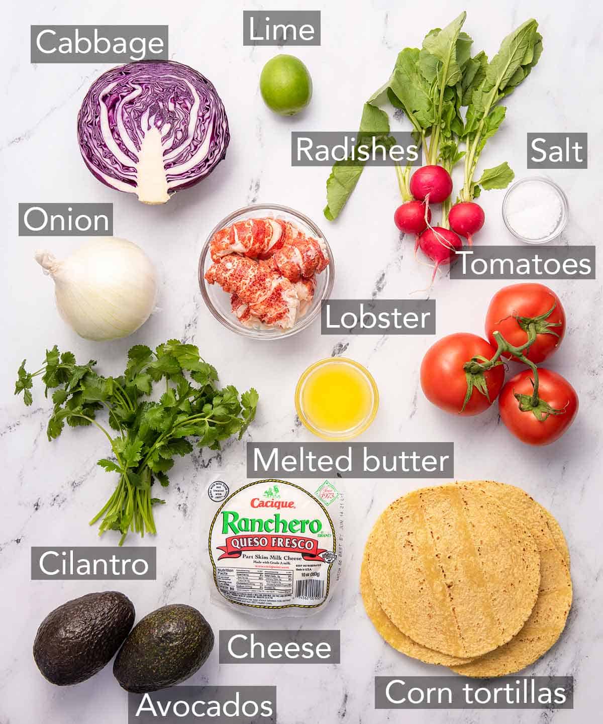 Ingredients needed to make lobster tacos.