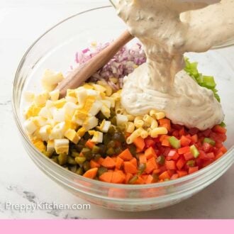 Pinterest graphic of dressing being added to macaroni salad.