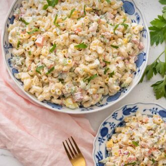 A Pinterest graphic of two blue and white floral plates of macaroni salad beside scattered parsley.