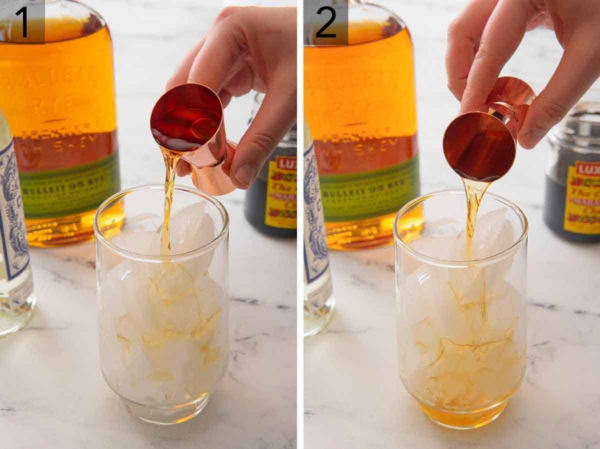 Set of two images showing vermouth and whisky being added to a glass of ice.