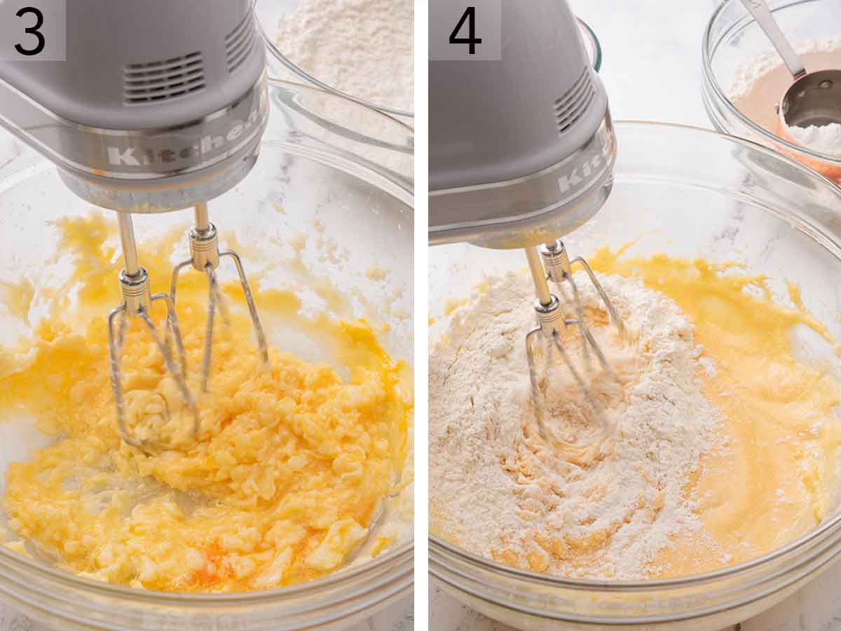 Set of two photos showing butter being creamed then dry ingredients added to the bowl.