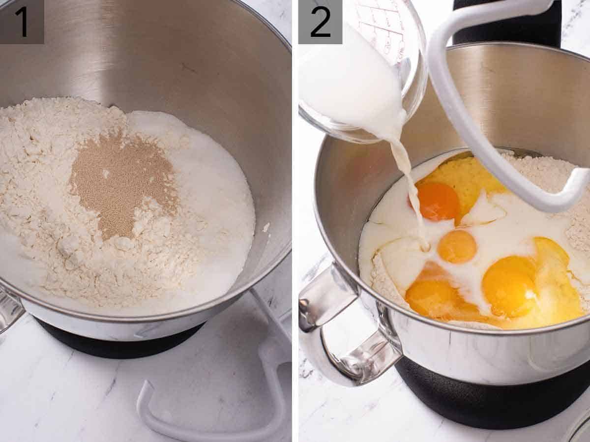 Set of two photos showing dry ingredients added to a mixer and then the wet ingredients added.