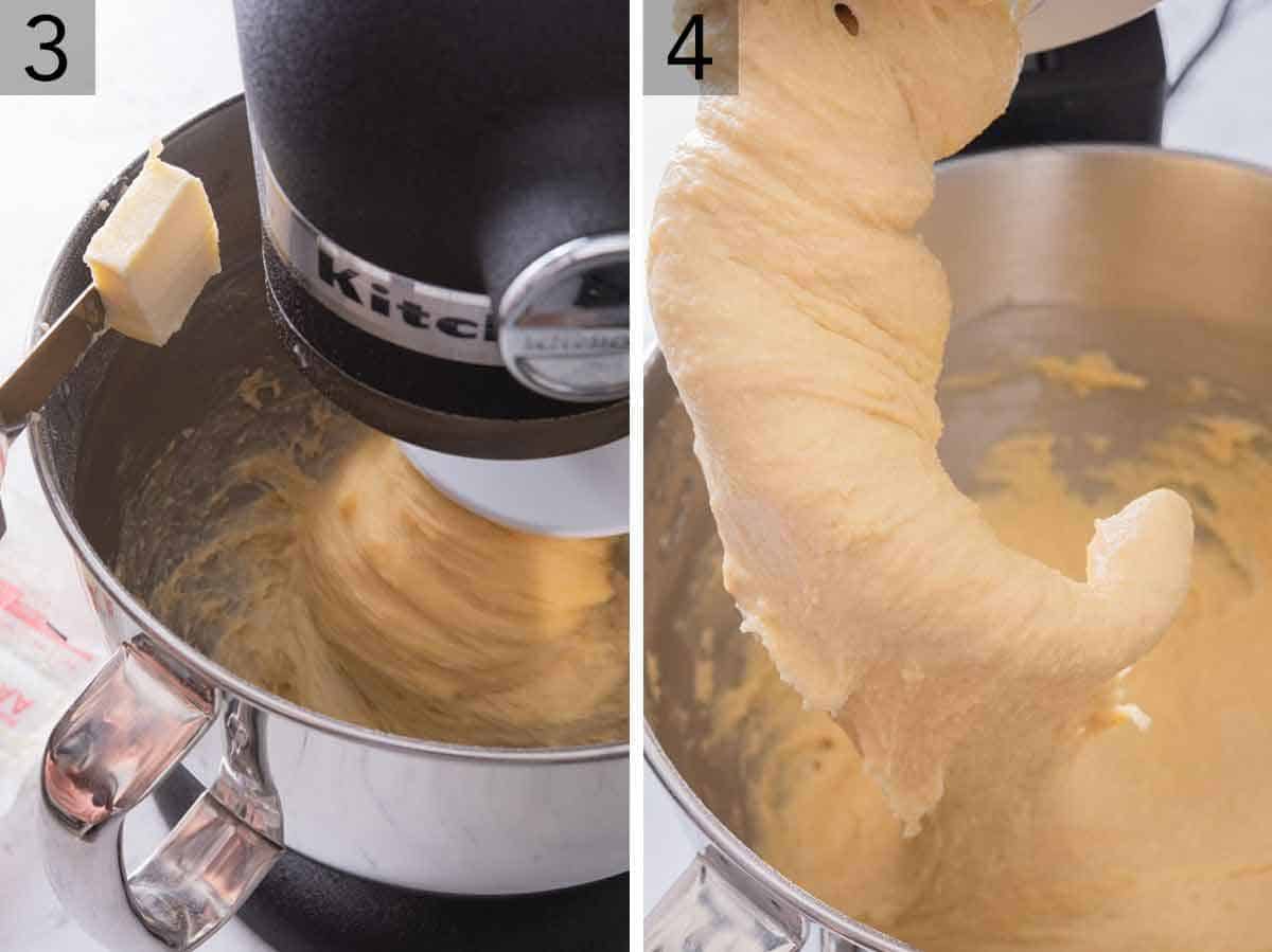 Set of two photos showing butter being added to a mixer while it is running and the second image showing the texture of a stretchy dough on the dough hook.