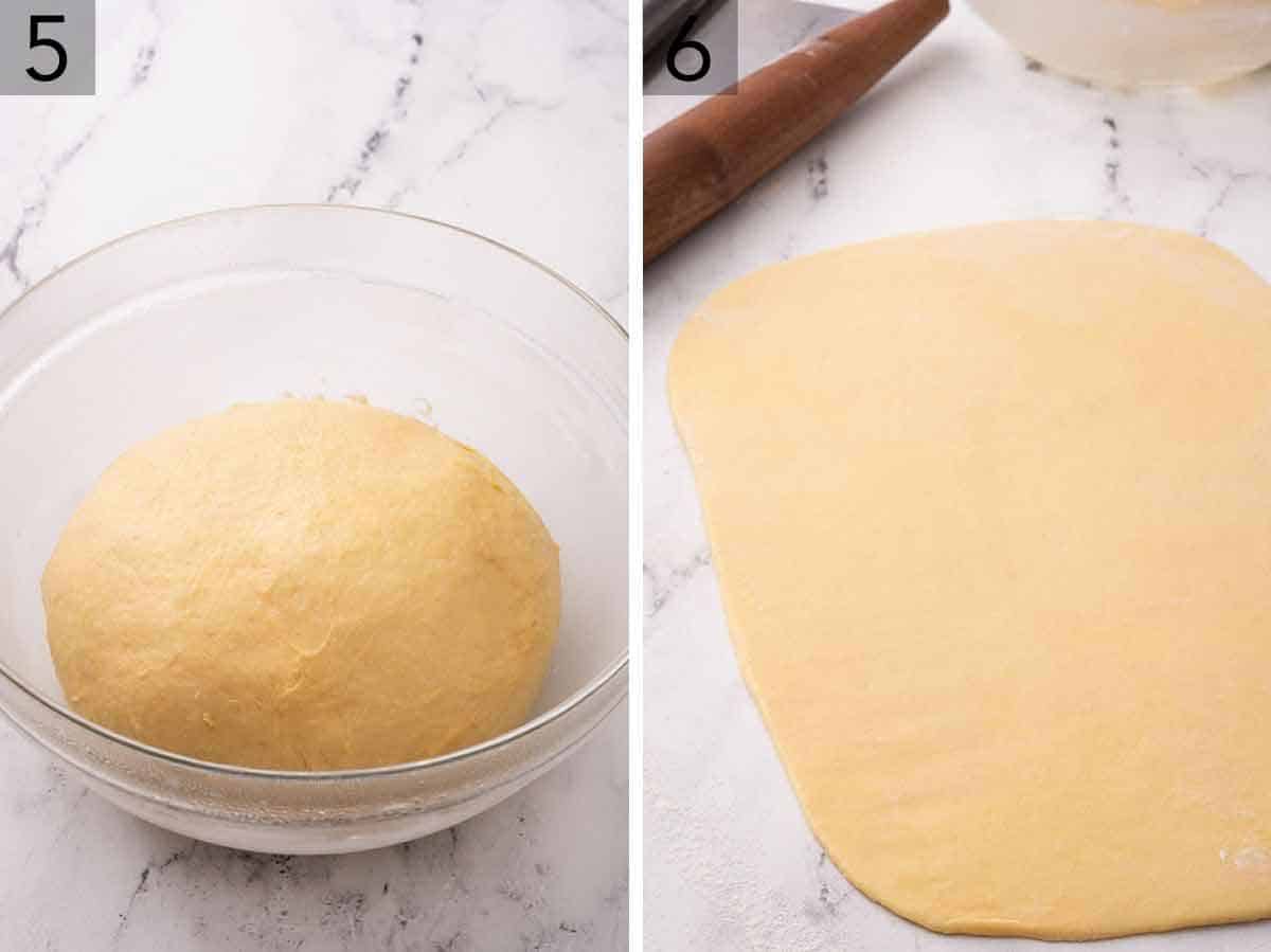 Set of two photos showing a ball of dough in a glass bowl and then dough rolled into a thin rectangular shape.