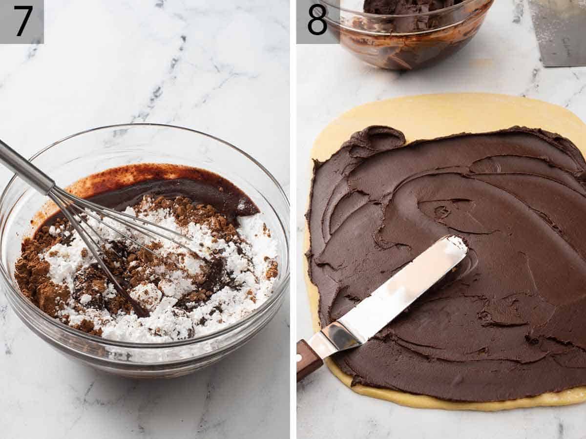 Set of two photos showing the chocolate filling being mixed together and then spread onto the rolled out dough.