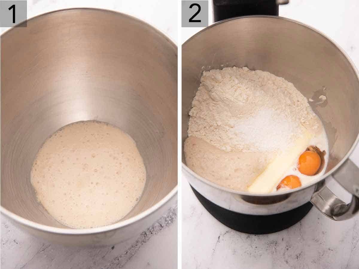 Set of two photos showing yeast being activated in a mixing bowl and ingredients added to the mixing bowl.