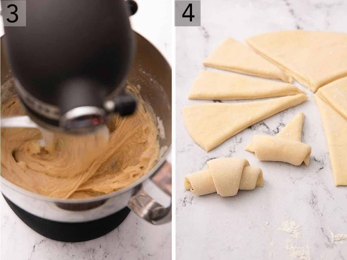 Set of two photos showing the batter being mixed and crescent rolls being rolled beside dough cut into triangles.