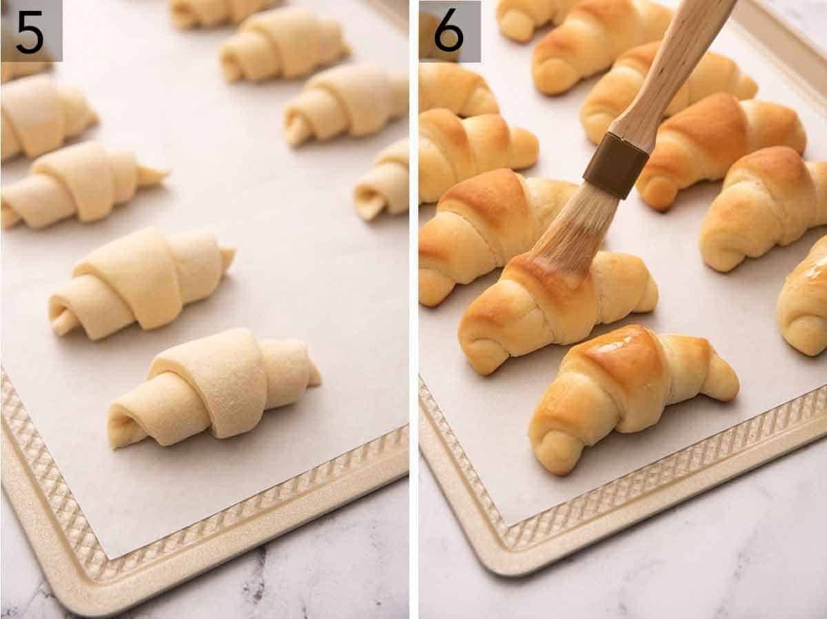 Set of two photos showing crescent rolls rolled onto a sheet pan before baking and after baking with butter being brushed on.