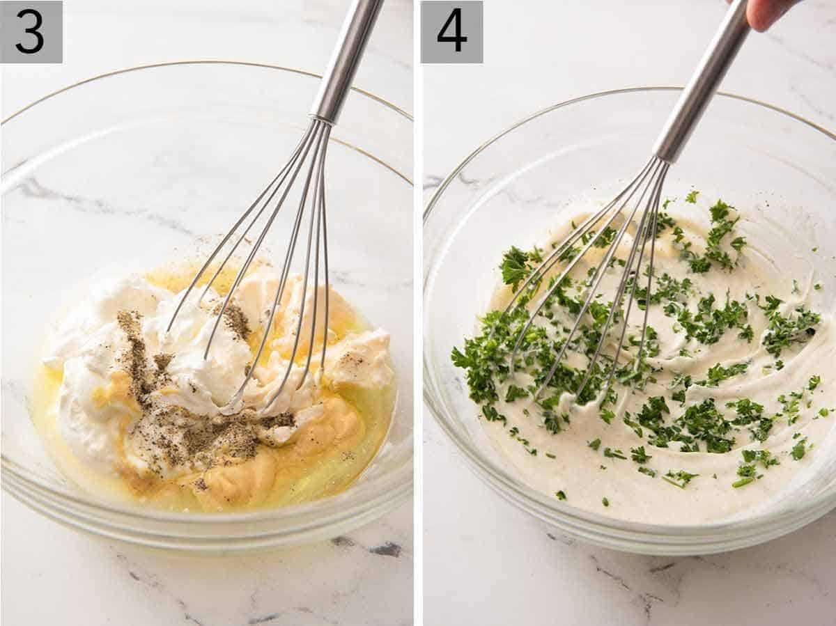 Set of two photos showing the creamy dressing being whisked together before adding in chopped parsley.
