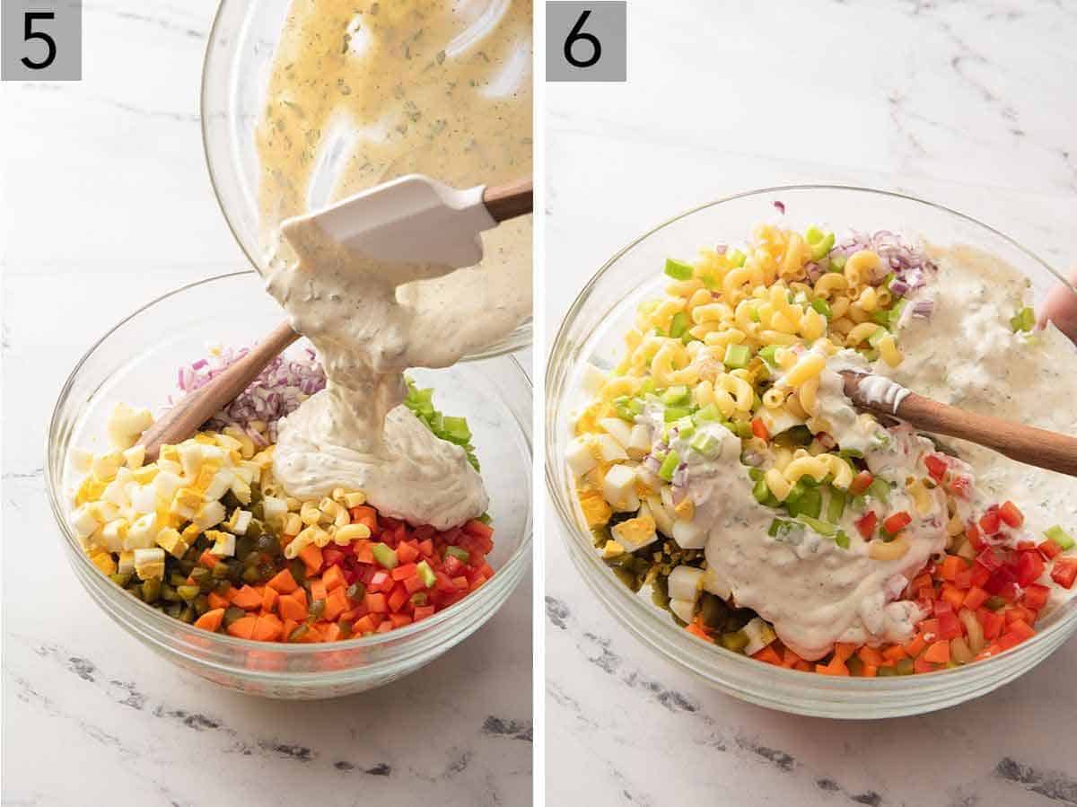 Set of two photos showing dressing added to the macaroni salad and then mixed together.